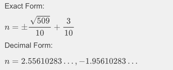 Solve equation by completing the square 5n^2-3n-10=15-example-1