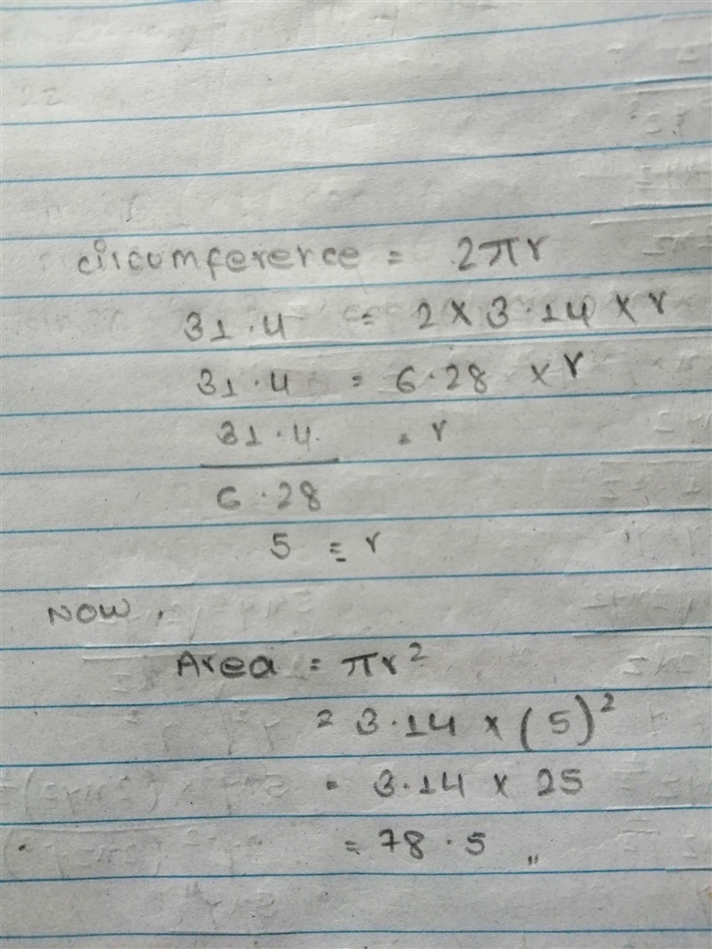 Find the area of a circle with a circumference of 31.4 units-example-1