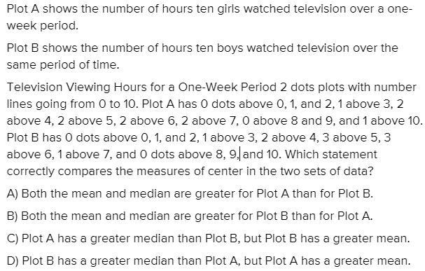 Plot A shows the number of hours ten girls watched television over a one-week period-example-1