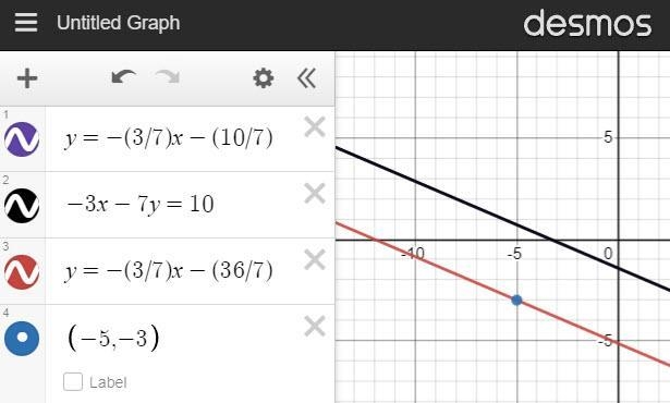 A line passes through (-5, -3) and is parallel to -3x - 7y = 10. The equation of the-example-1