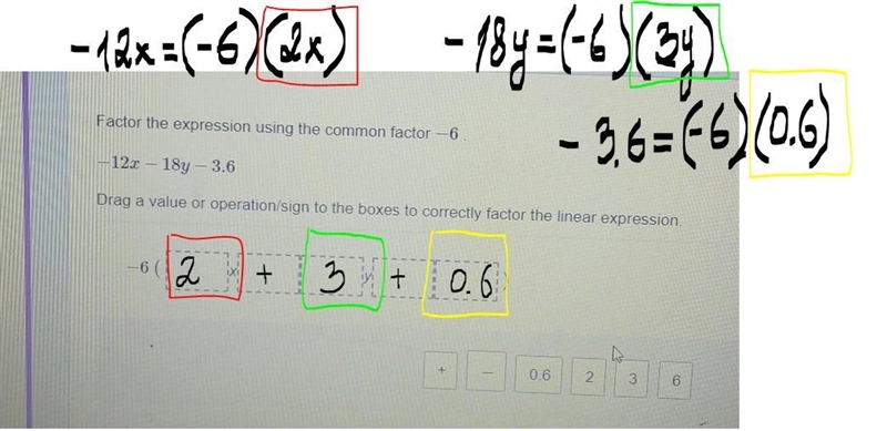 plz help!!!Factor the expression using the common factor −6 . −12x−18y−3.6 Drag a-example-1