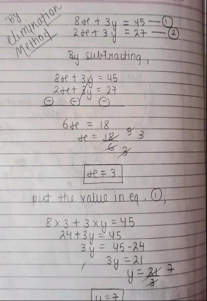 Solve the simultaneous equations 8x+3y=45 2x+3y=27 Your final line must say x= and-example-1