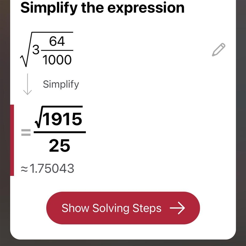 Evaluate √3 64/1000 A. 1/125 B. 32/500 C. 8/100 D. 4/10-example-1