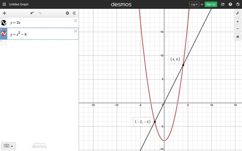 Solve the system of equations. y = 2x y = x2-8 O A. (2, 4) and (-4,-8) O B. (-2,-4) and-example-1