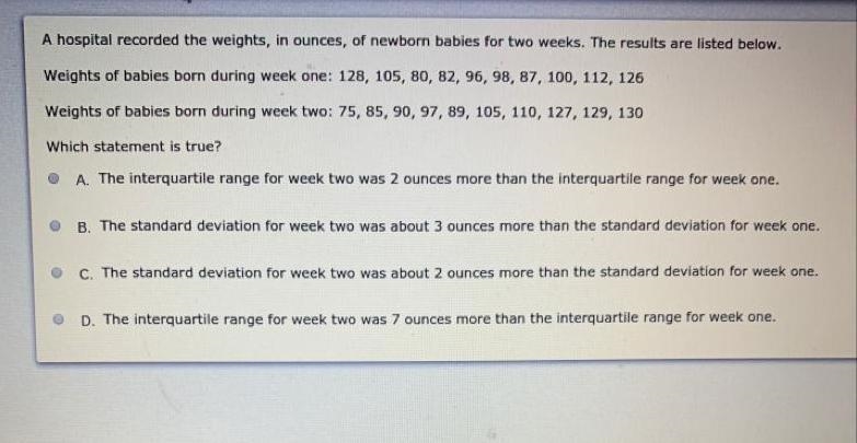 A hospital recorded the weights, in ounces, of newborn babies for two weeks. The results-example-1