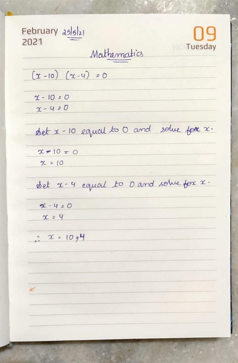 Use words to explain how to solve this equation: (x-10)(x-4)=0-example-1