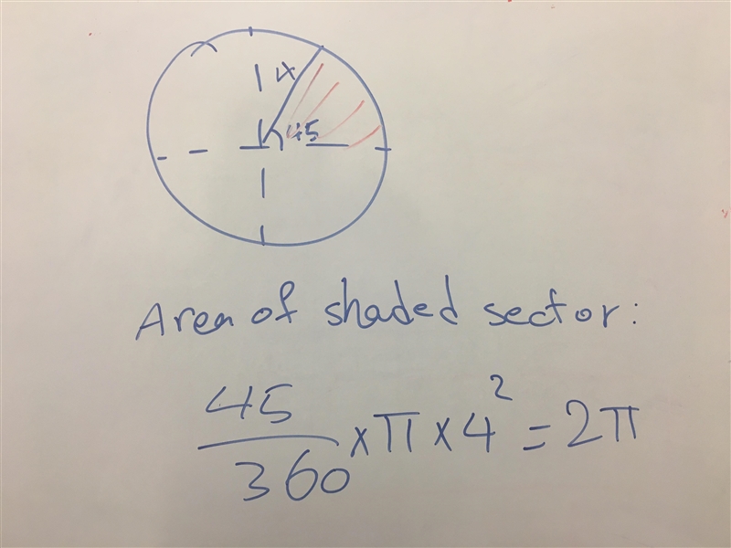 Find the area of the shaded sector in terms of pi 45° & 4​-example-1