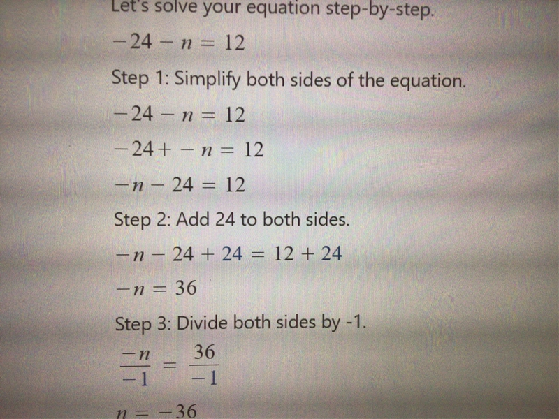 Solve for N: -24 - N = 12 Explain how you solved it.-example-1