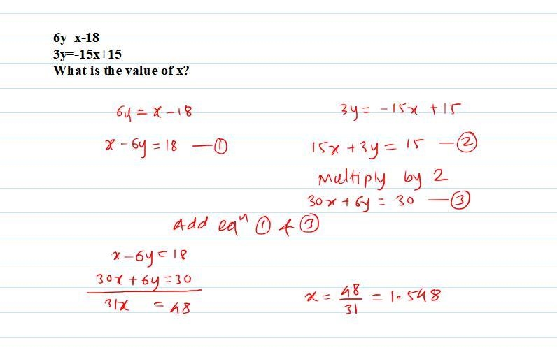 6y=x-18 3y=-15x+15 What is the value of x?-example-1