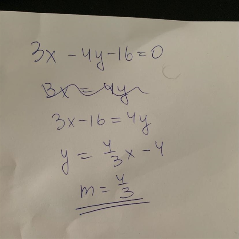 Determine the slope and y-intercept of the line represented by the equation: 3x – 4y-example-1