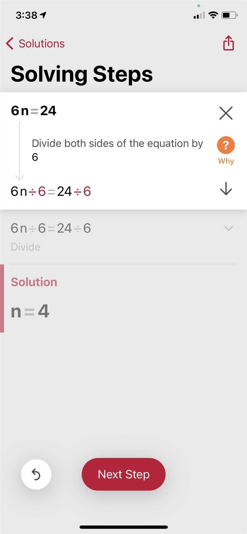 Solve the equation. 6n= 24 Show work.-example-1