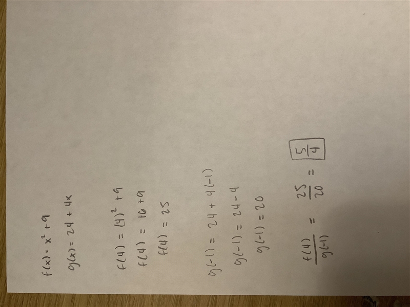 Can i have help plz .. 20. If F(x)= x^2 + 9 and g(x) = 24 + 4x, what is the Value-example-1