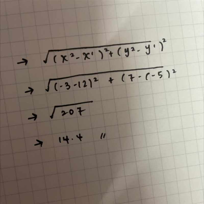 Find the distance between the points with coordinates (12, -5) and (-3,7).-example-1