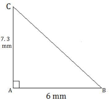 A, B & C form a triangle where ∠ BAC = 90°. AB = 6 mm and CA = 7.3 mm. Find the-example-1