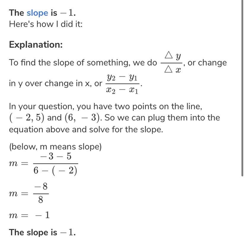 Find the slope of the line that passes through the points (-2,6) and (9,-5)-example-1