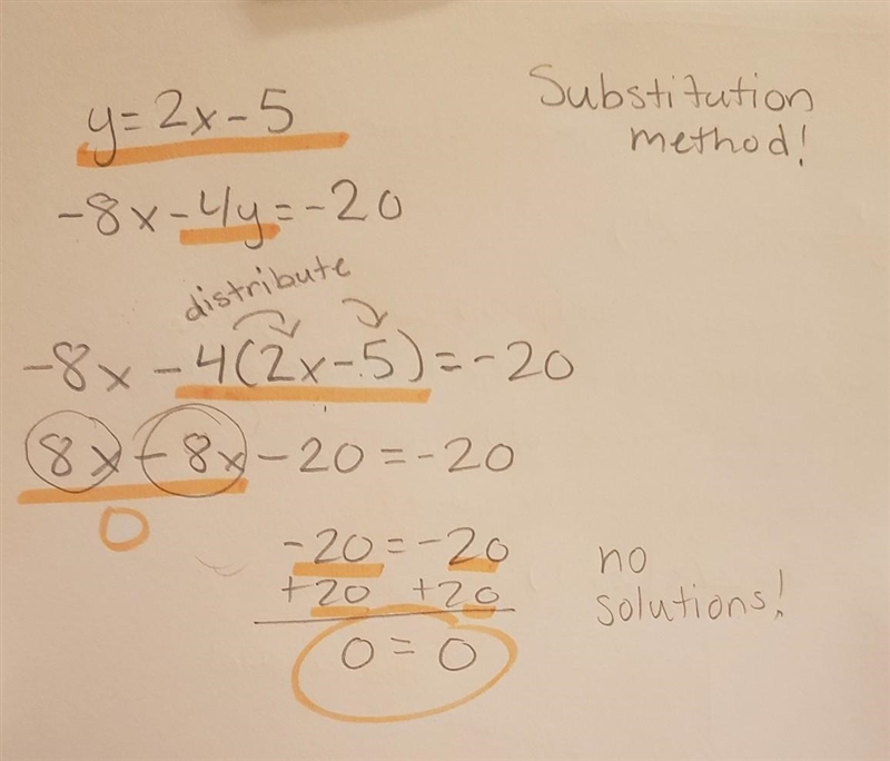 How many solutions does this linear system have? y=2x-5 -8x-4y=-20 one solution: (- 2.5, 0) one-example-1