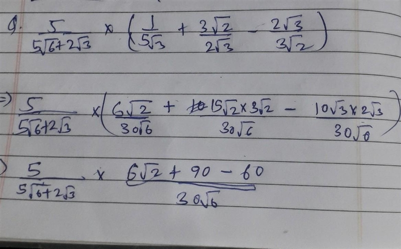 \frac{5}{5 \sqrt{6 + 2 √(3) } } * ( (1)/(5 √(3) ) + (3 √(2) )/(2 √(3) ) - (2 √(3) )/(3 √(2) ) ) = ....................​-example-1