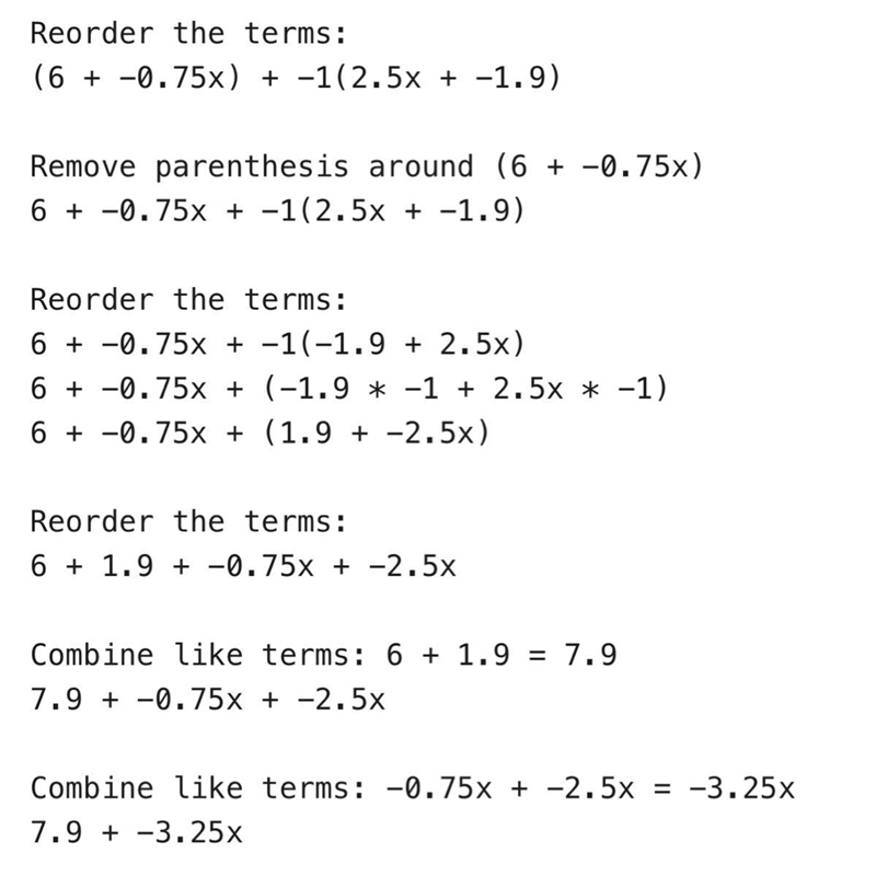 Simplify each expression (-0.75x + 6) - (2.5x - 1.9)-example-1