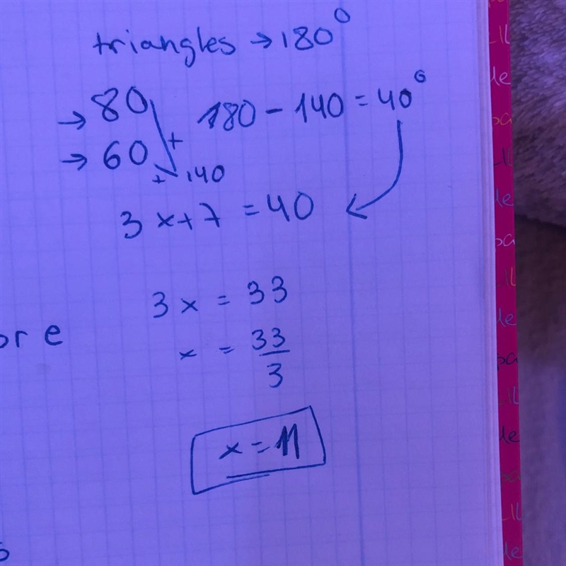 Find the value of x. SO 3x + 7 3xt7H60t60=180 3x+ 147=180 - 147 (-example-1