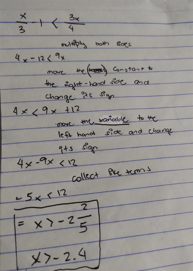 Find the two solutions of x/3 -1 < 3x/4​-example-1