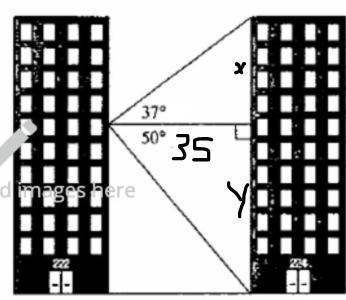 Sine, cosine, and tangent to calculate the height of the buildings in the diagram-example-1