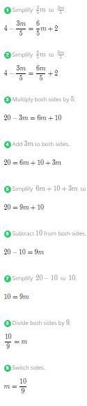 Solve for m. 4 - 3/5m = 6/5m + 2-example-1