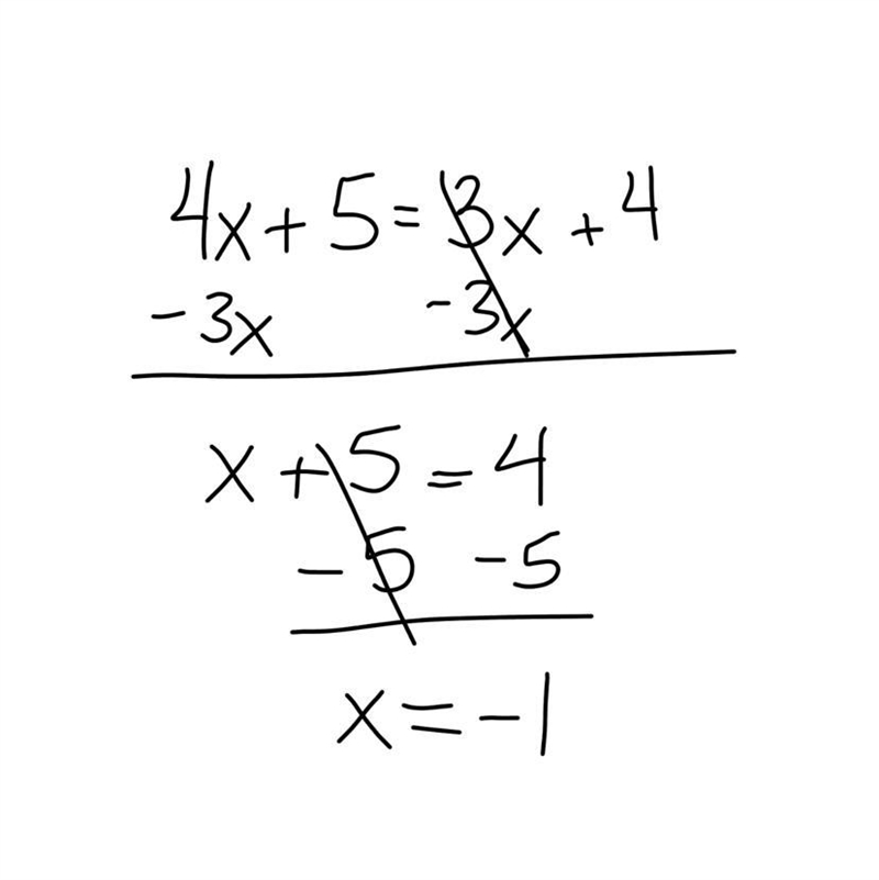 What I said the value of x in this equation: 4x +5=3x+4?-example-1