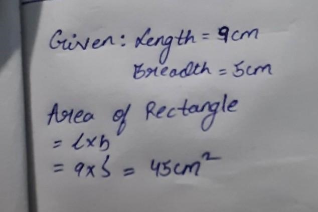 Find the area of the rectangle whose dimensions are 5cm x 9cm.-example-1