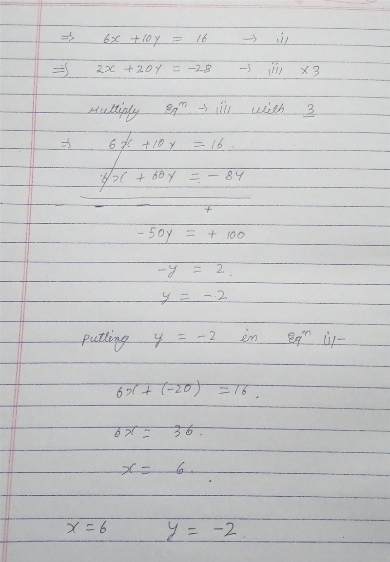 Solve the following system by ELIMINATION. 6x + 10y= 16 2x + 20y= -28-example-1