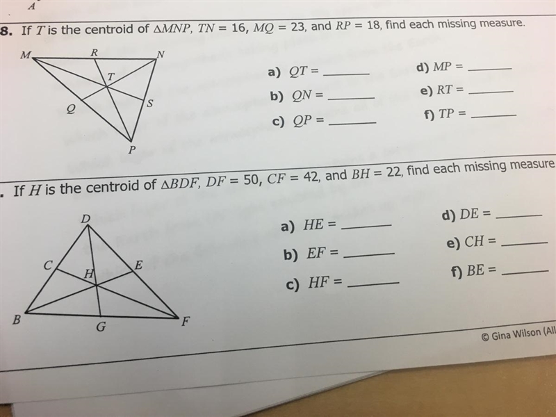 If T is the centroid of ∡MNP, TN = 16, MQ = 23, and RP = 18, find each missing measure-example-1