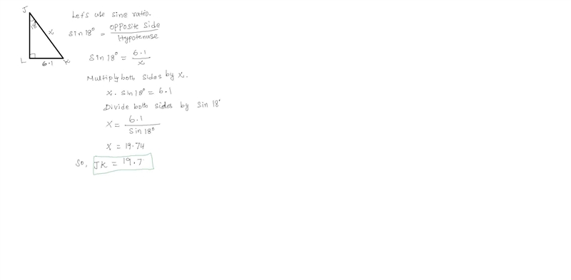 In AJKL, the measure of ZL=90°, the measure of ZJ=18°, and KL = 6.1 feet. Find the-example-1