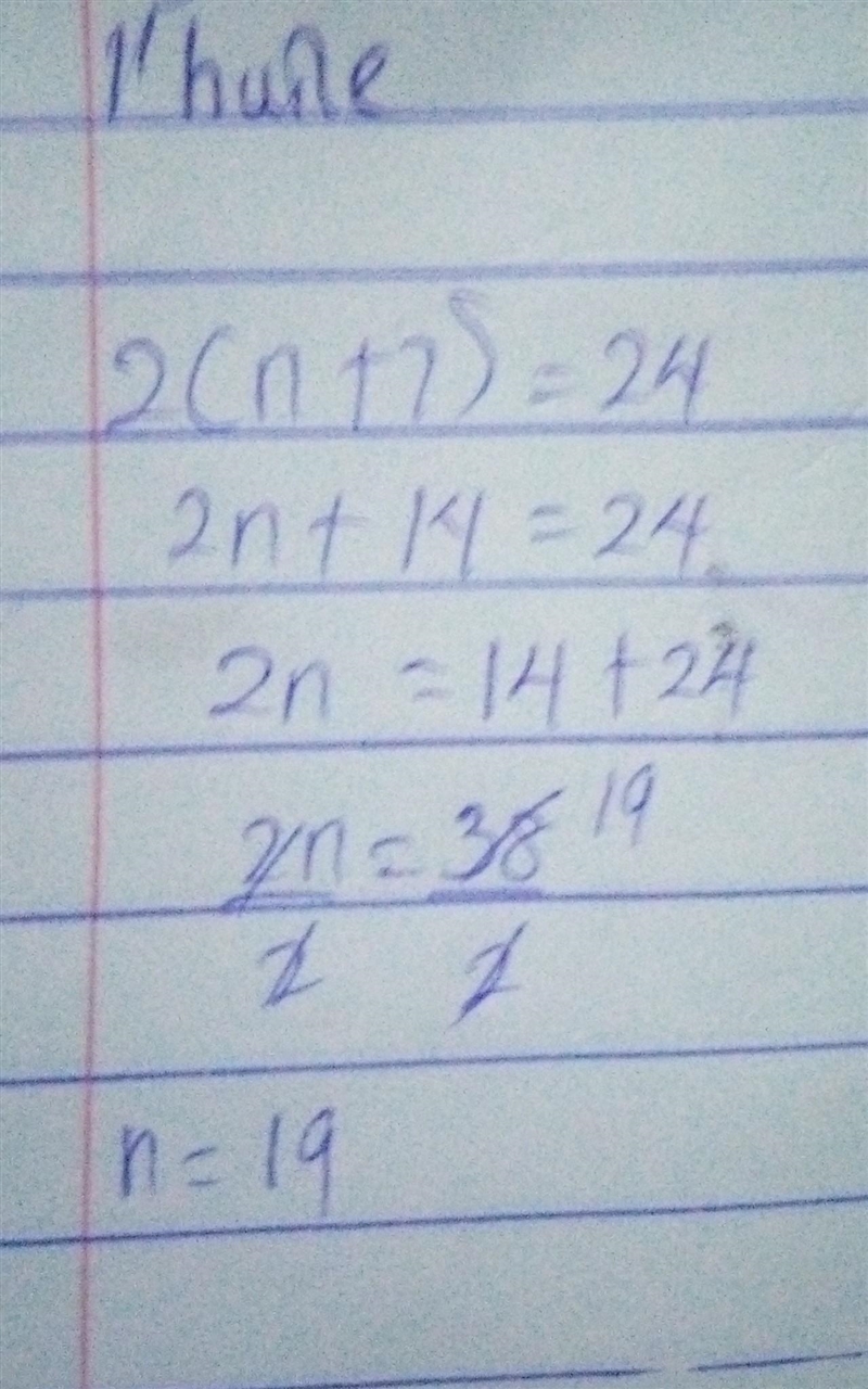 The hanger diagram models the equation 2(n + 7) = 24. What could be the first step-example-1