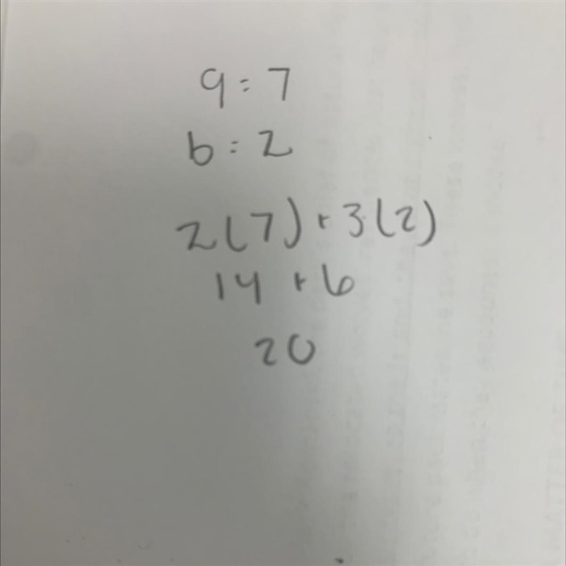 If a=7 and b=2 what is 2a+3b ?-example-1