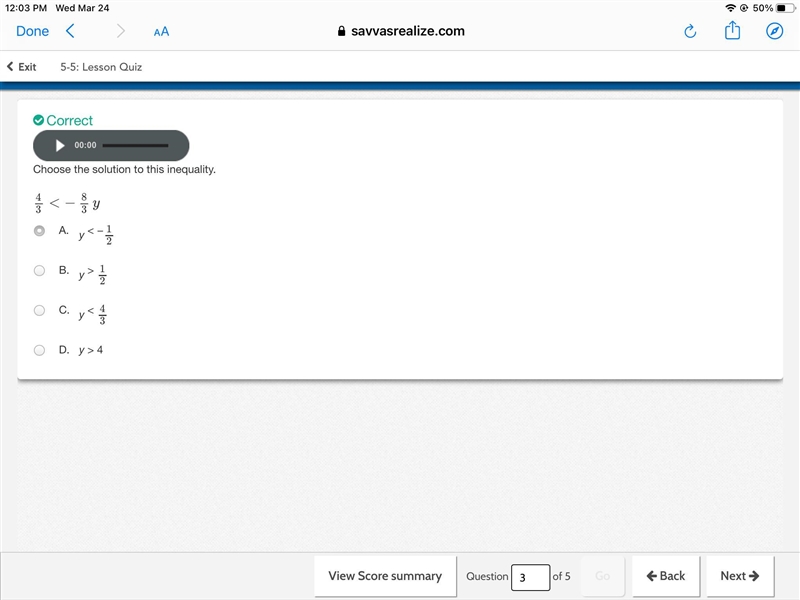 Choose the solution to this inequality. 43<−83y-example-1