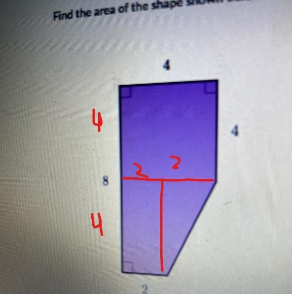 Find the area of the shape shown below.-example-1