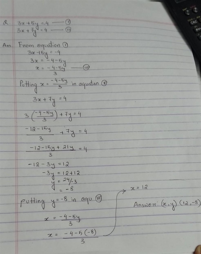 Solve the simultaneous equations by substitution 3x+5y=−4 3x+7y=4-example-1