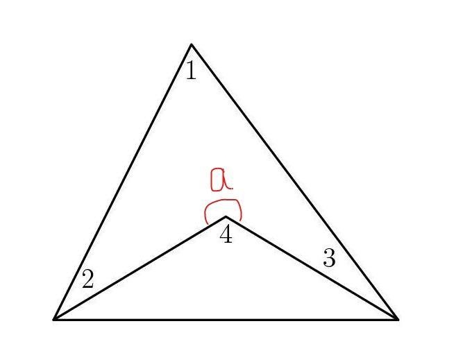 What is the measure of angle 4 if angle 1 = 76 degrees, angle 2 = 27 degrees and angle-example-1