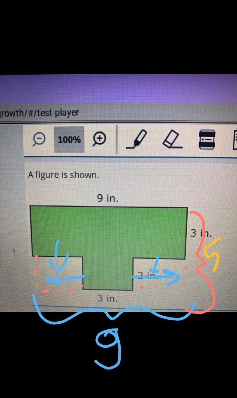 A figure is shown 9 in. 3 in. 2 in. 3 in. Which expression shows how to find the area-example-1