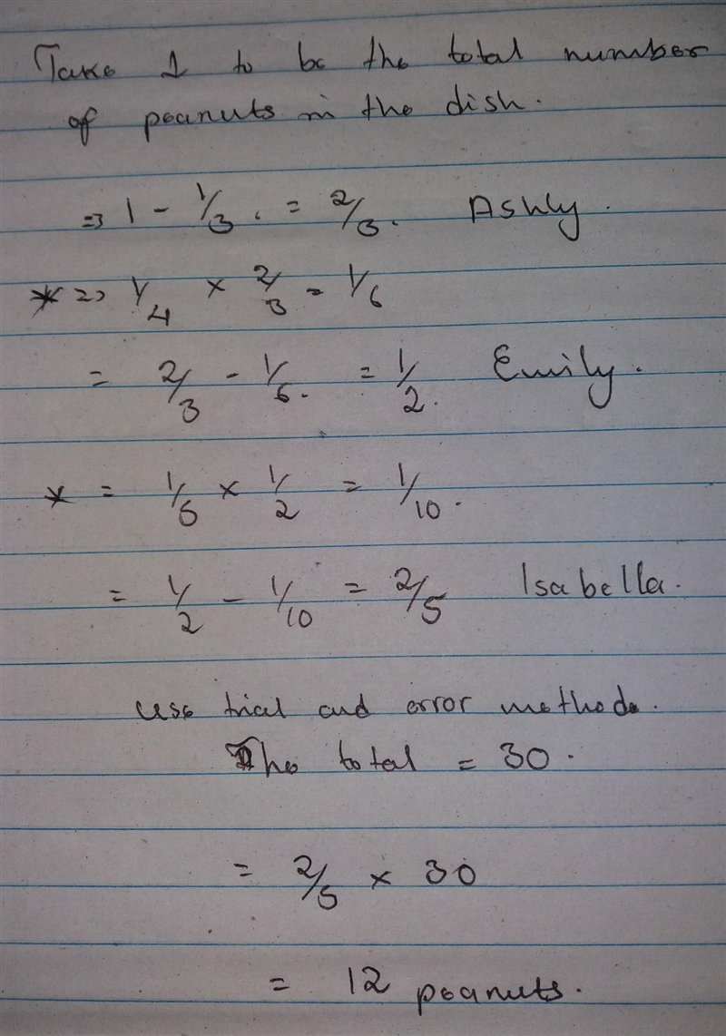 Ashley ate exactly one-third of the peanuts in a dish. Then, Emily ate exactly one-example-1