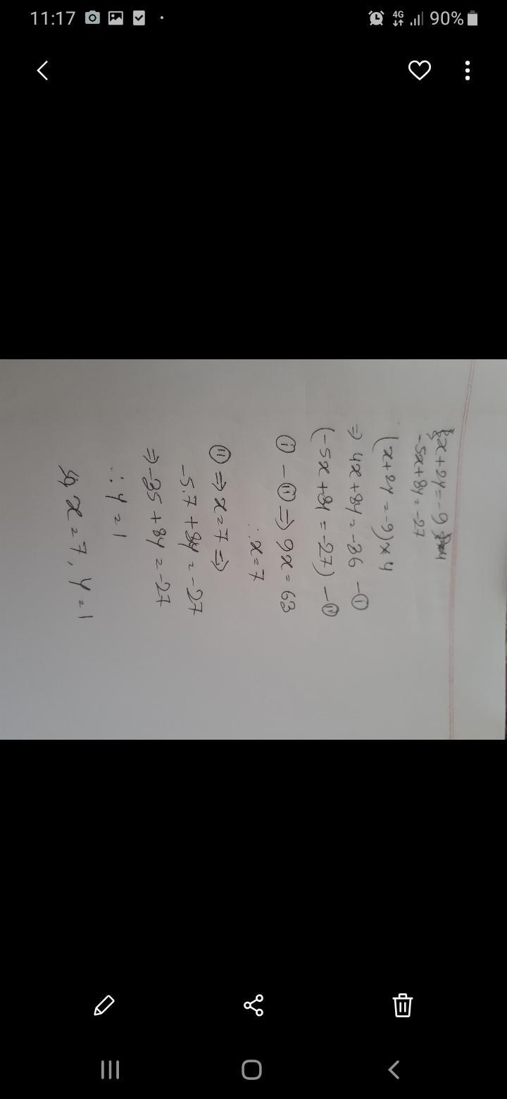 Solve the system of equations -x+2y=-9−x+2y=−9 and -5x+8y=-27−5x+8y=−27 by combining-example-1