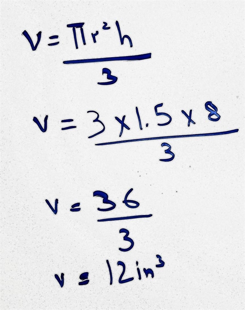 Find the volume of this cone. Use 3 for T. V = Typh V V ^ [?]in 3 8in 3in help-example-1