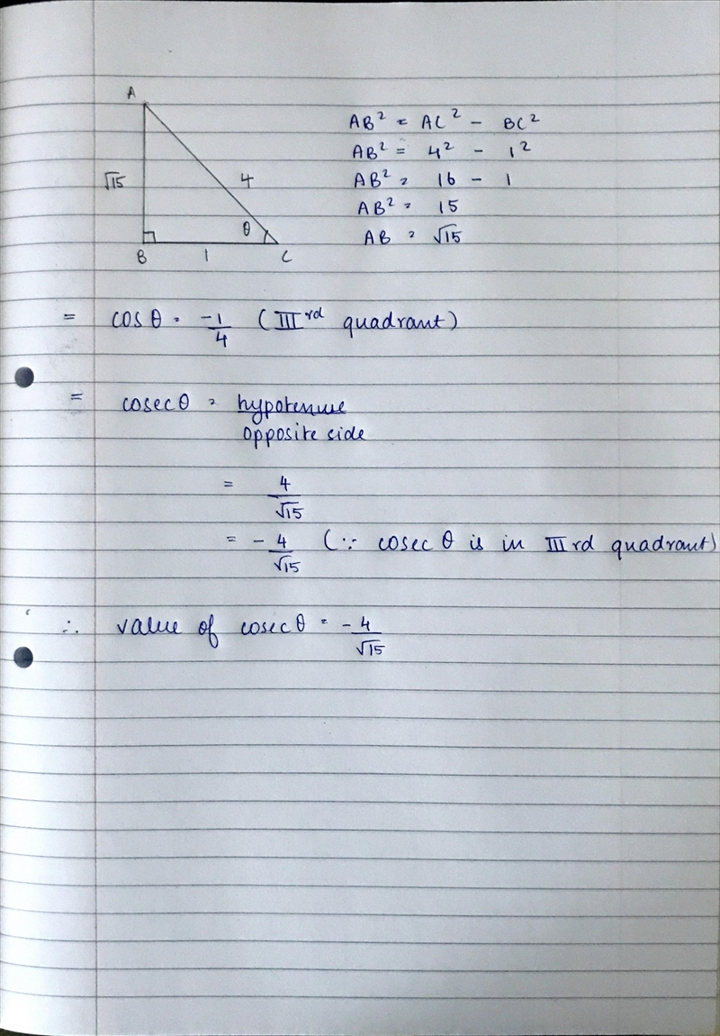 Find the value of csc theta, I'd cos thetA =-1/4;180< theta<270-example-1