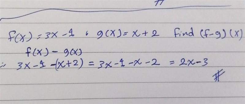 If f(x) = 3x - 1 and g(x) = x + 2, find (f- g)(x). PLZZ HELPPP-example-1