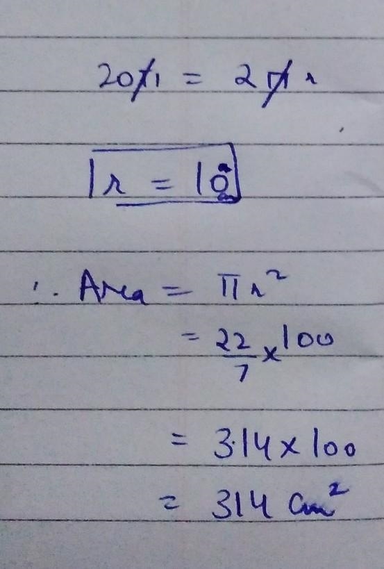 The circumference of a circular table top is 20 π centimeters. what is the area of-example-1