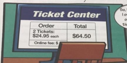 The total cost of a ticket and the online fee for one ticket is $32.25.Let f represent-example-1