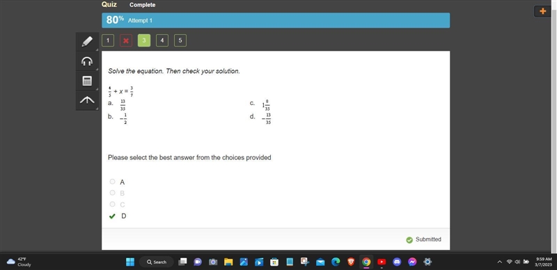 Solve the equation. Then check your solution. Four-fifths + x = StartFraction 3 Over-example-1