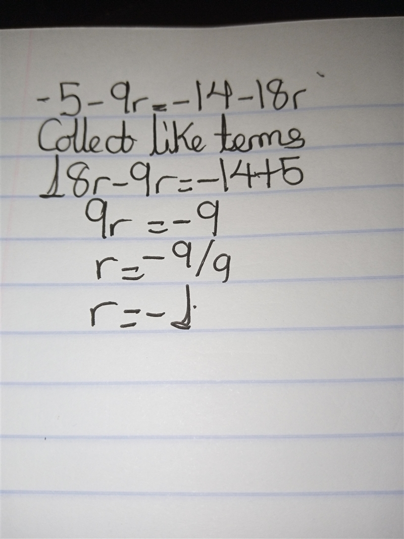 Solve for r. -5 - 9r = -14 - 18r Submit-example-1