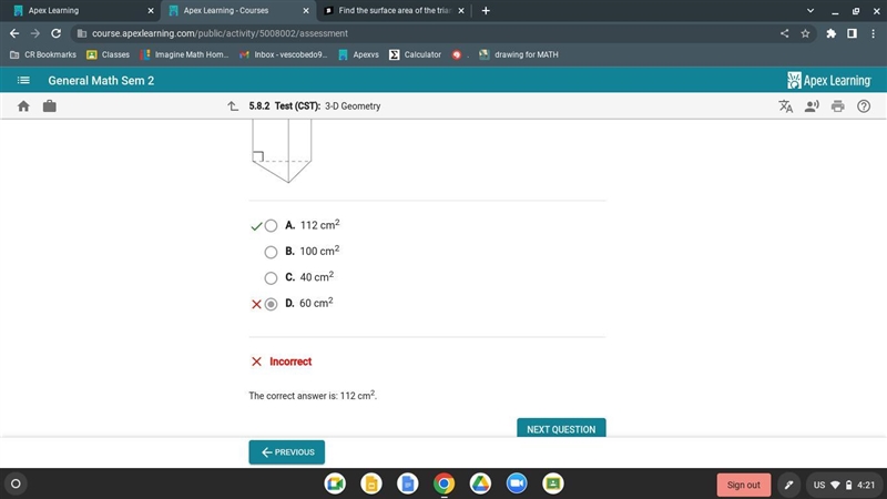 Find the surface area of the triangular prism below. The bases each have an area of-example-1