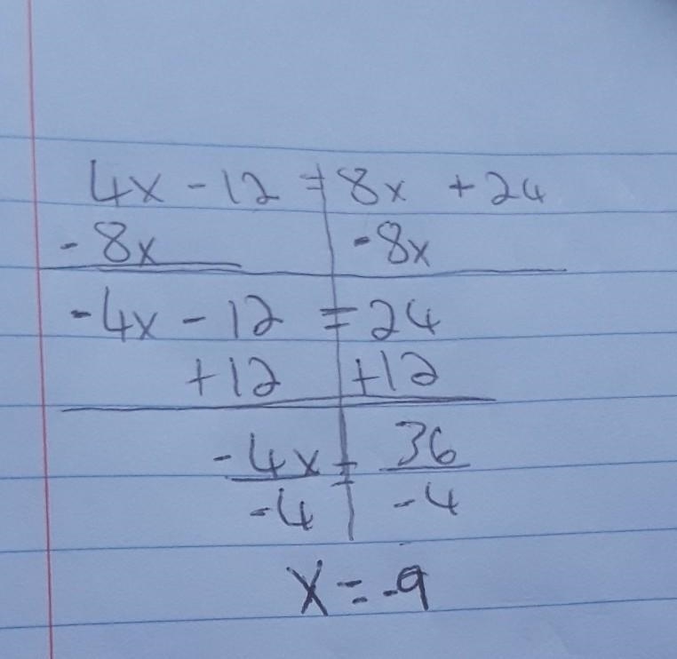 Solve for : 4x - 12 = 8x + 24 ОА. A. r= -9 B. x= -3 OC. x=1 OD. *= 3​-example-1