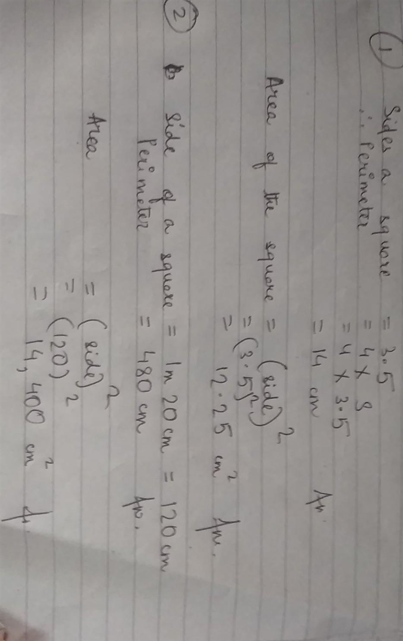 Find the perimeter and area of a square whose side measures 1)3point5 (3.5) 2)1m 20cm-example-1